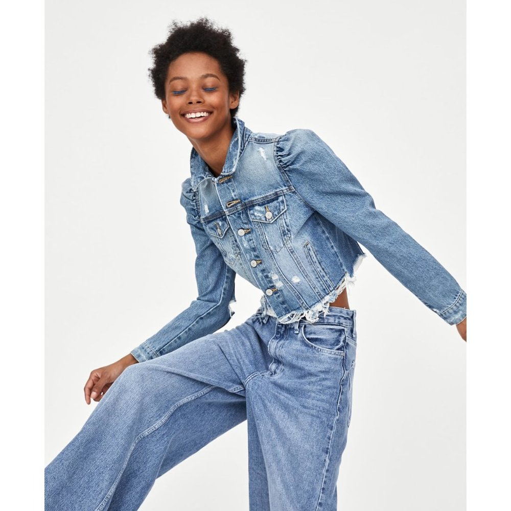 ZARA Distressed Puff Shoulder Denim Jean Jacket